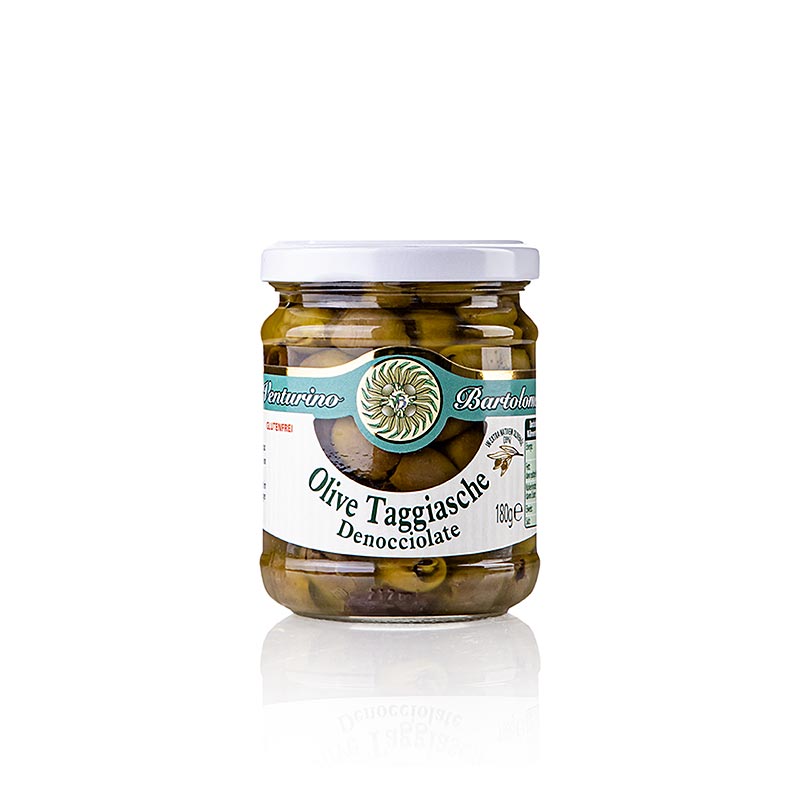 Olives variades, olives Taggiasca verdes i negres, sense pinyol, en oli, Venturino - 180 g - Vidre