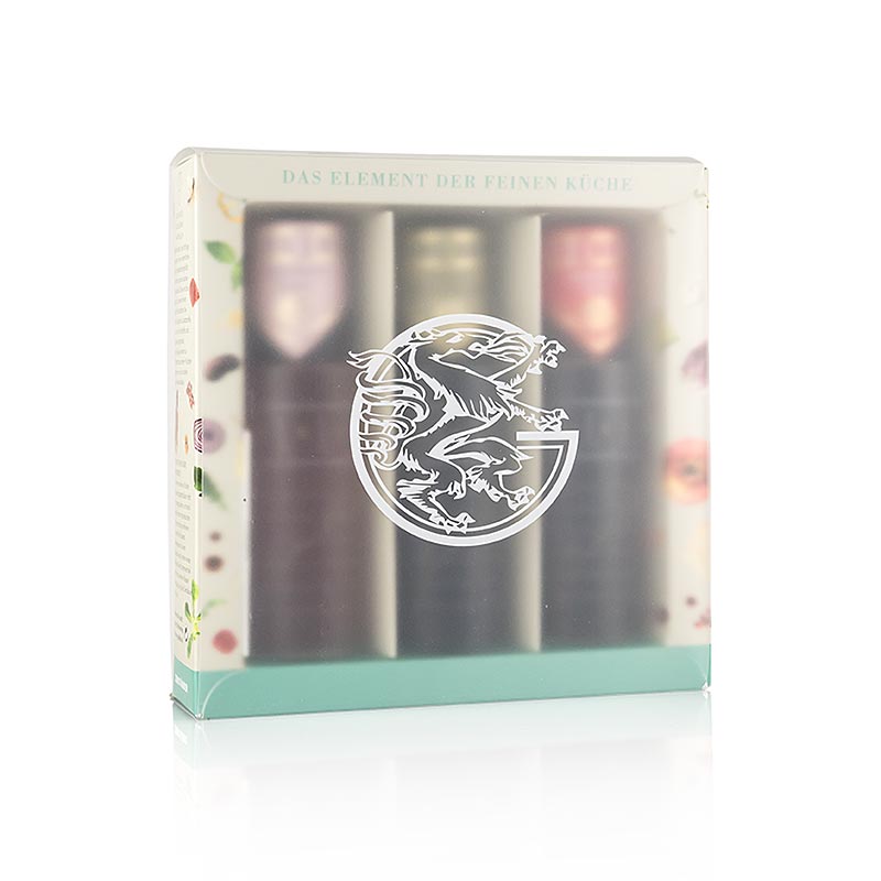Coffret de vinaigres Golles en spray : balsamique, vinaigre de cidre, vinaigre de framboise et vinaigre Schilcher - 375 ml, 3x125 ml - Papier carton