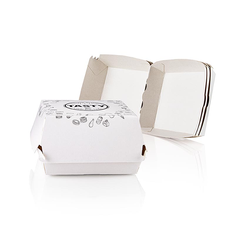 Boites a hamburgers jetables a emporter - Taille M, 115 x 115 x 70 mm, 3 x 100 pieces, carton, saveur Tasty - 300 pieces - Carton