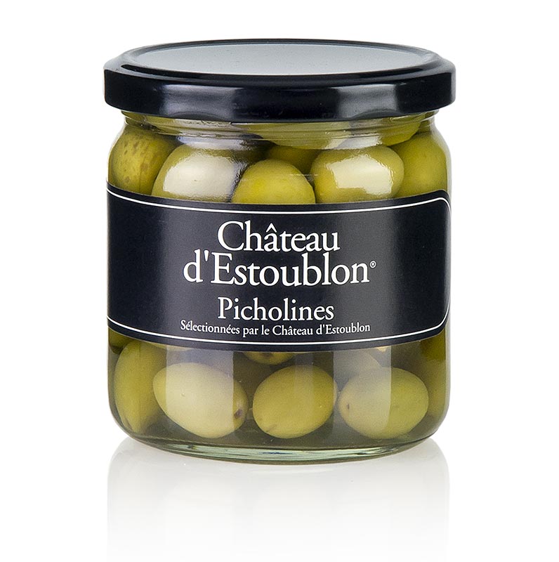 Olives vertes, avec noyau, olives Picholine, au lac, Château dEstoublon - 350 g - verre