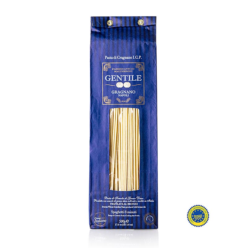 Pastificio Gentile Gragnano IGP / SGI - Spaghetti, Ø 1,9 mm, piirretty pronssi - 500g - pakkaus Pastificio Gentile Gragnano IGP / SGI - Spaghetti, Ø 1,9 mm, piirretty pronssi - 500g - pakkaus