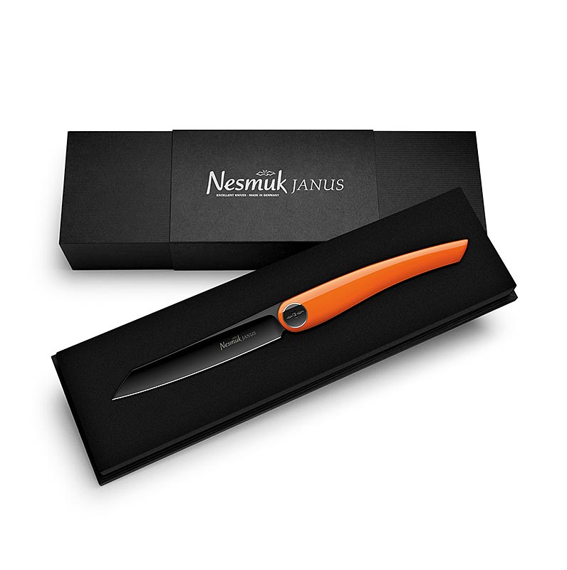 Couteau pliant Nesmuk Janus (Dossier), 202mm (115mm fermé), laque piano orange - 1 pc - boîte