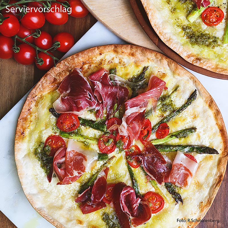 Base de massa Flammkuchen, espelta, oval, aproximadamente 28 x 38 cm - 7,5kg, 50 pecas - Cartao