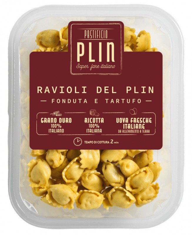 Ravioli del Plin fonduta e tartufo, ravioli recheado com Fontina e trufas, Pastificio Plin - 250g - pacote Ravioli del Plin fonduta e tartufo, ravioli recheado com Fontina e trufas, Pastificio Plin - 250g - pacote