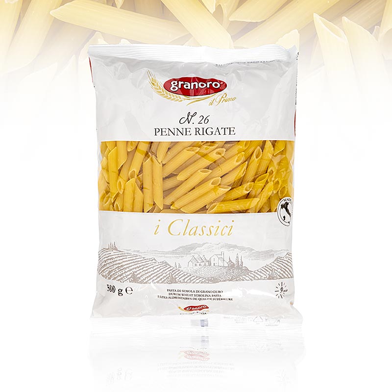 Granoro Penne Rigate, com nervuras, 7 (5) mm, No.26 - 500g - Bolsa Granoro Penne Rigate, com nervuras, 7 (5) mm, No.26 - 500g - Bolsa