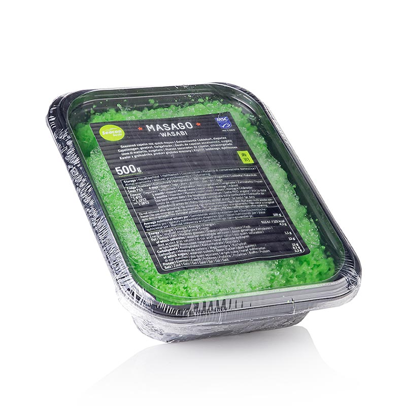 Aderezo para sushi Masago Huevas de pescado Wasabi verde (Capelan), Meranus - 500 gramos - carcasa de PE