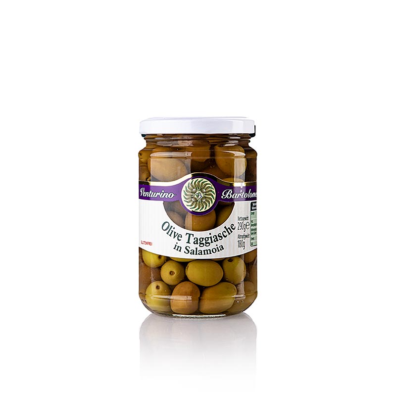 Olivova smes, zelene cerne olivy Taggiasca, s peckou, ve slanem nalevu, Venturino - 290 g - Sklenka