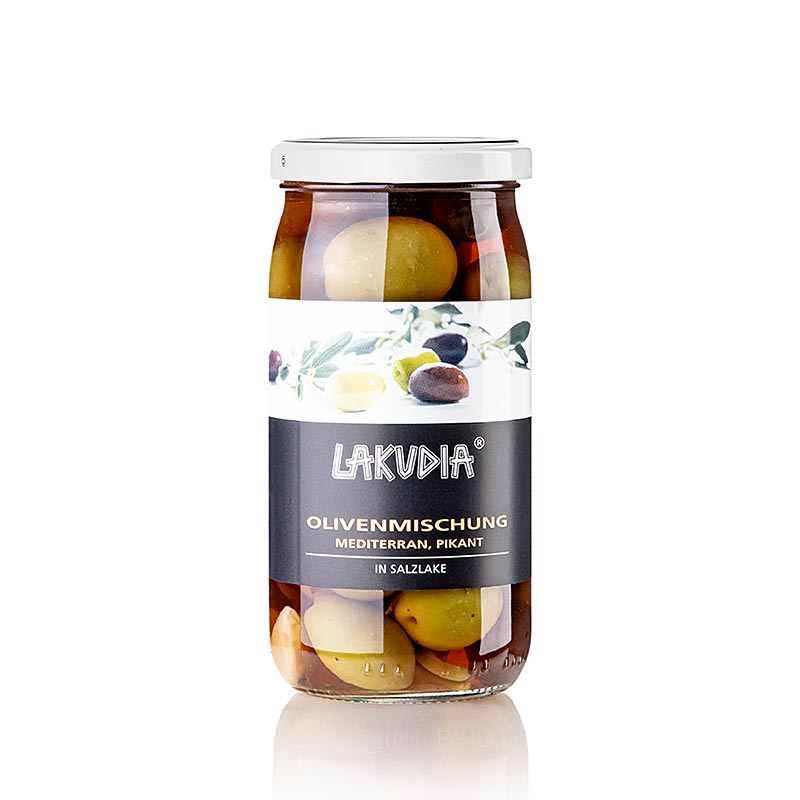 Olivenmischung mediteran pikant, mit Chili, Lakudia - 355 g - Glas
