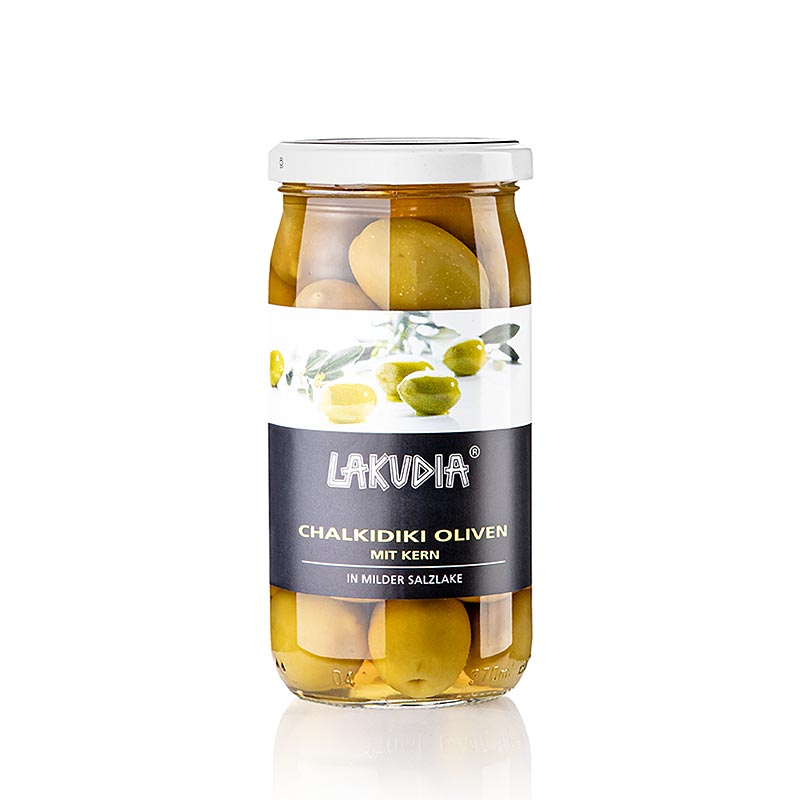 Grüne Oliven Chalkidiki mit Kern, Lakudia - 355 g - Glas