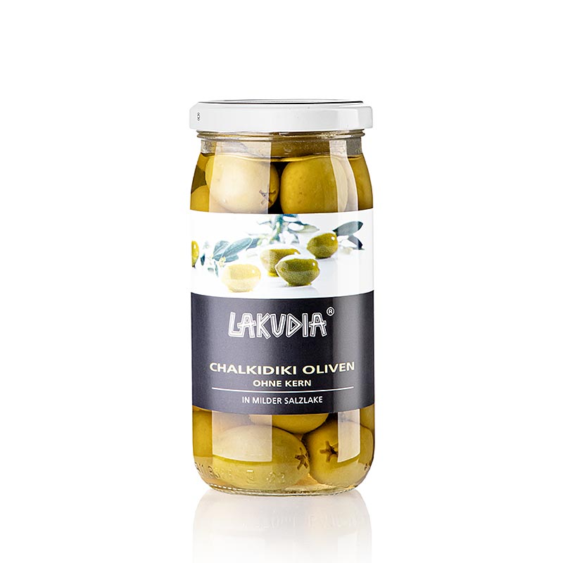 Grüne Oliven Chalkidiki ohne Kern, Lakudia - 355 g - Glas