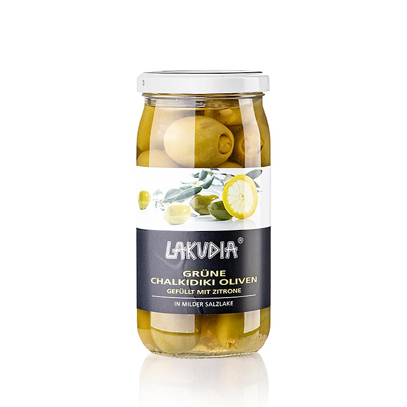 Grüne Oliven Chalkidiki ohne Kern, mit Zitrone, Lakudia - 355 g - Glas