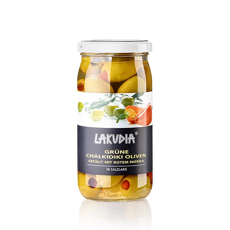 Zaitun hijau Chalkidiki diadu, dengan lada, Lakudia - 355 g - kaca