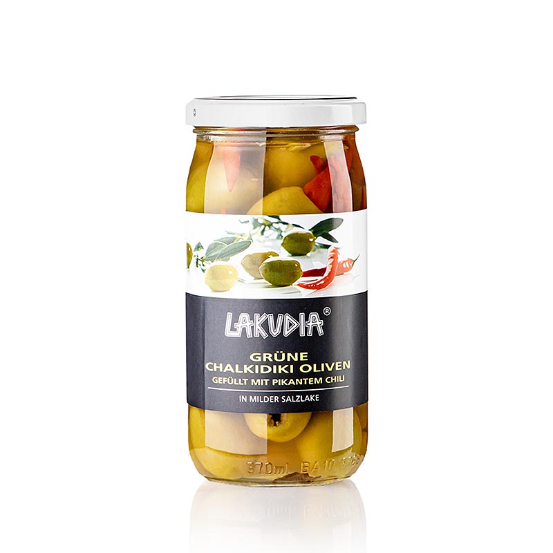 Azeitonas verdes Chalkidiki sem caroco, com pimenta, Lakudia - 355 g - Vidro