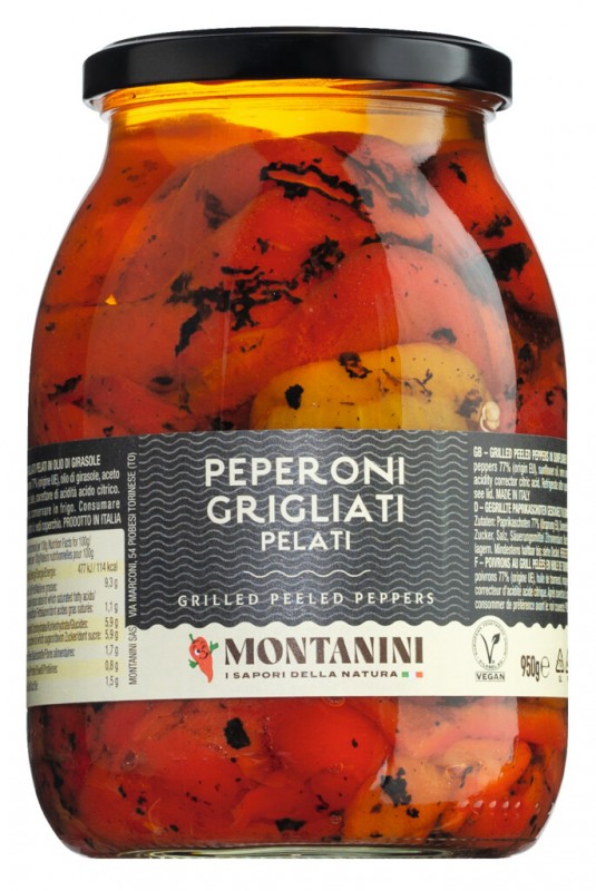 Pepperoni grigliati sott`olio, files de pimenta, grelhados, em azeite, Montanini - 950g - Vidro Pepperoni grigliati sott`olio, files de pimenta, grelhados, em azeite, Montanini - 950g - Vidro