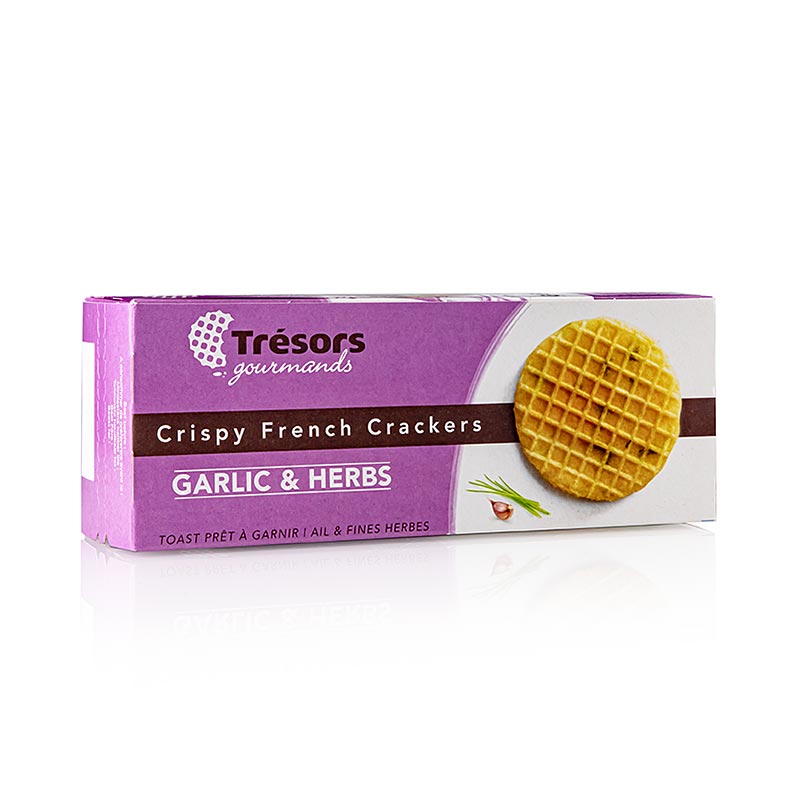 Barsnack Tresors - Crispy franz. Mini-Waffel-Cracker mit Knoblauch und Kräutern - 95 g - Karton