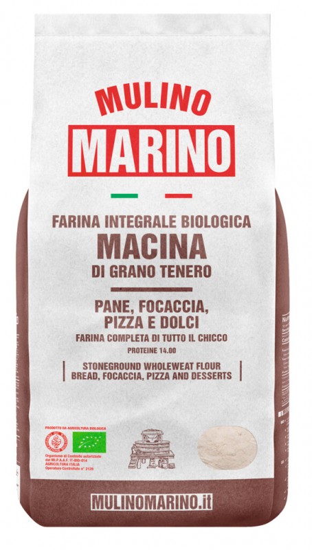 Farina di Grano tenero Macina biologico, Vollkornmehl aus d.Steinmühle f.Salz-Süßgebäck,Bio, Mulino Marino - 1.000 g - Beutel