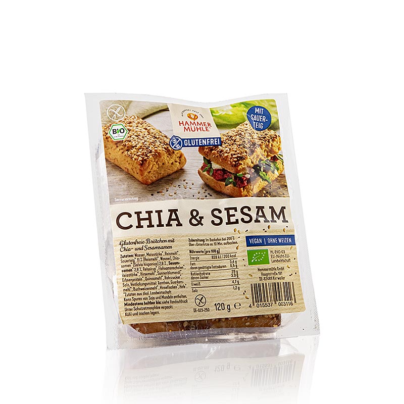 Chia & Sesambrötchen, glutenfrei, laktosefrei, Hammermühle, BIO - 120 g, 2 x 60g - Blister Chia & Sesambrötchen, glutenfrei, laktosefrei, Hammermühle, BIO - 120 g, 2 x 60g - Blister