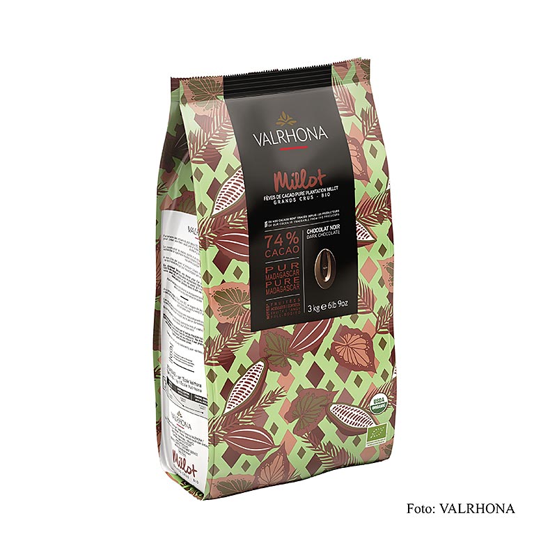 Valrhona Millot, dunkle Couverture, 74 % Kakao, Callets (31508), BIO - 3 kg - Beutel