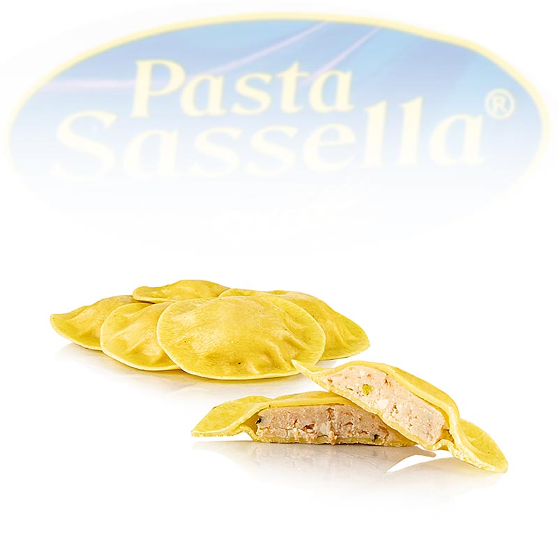 Verse agnolotti met zalmvulling, rond en helder, pasta Sassella - 500 g - Pe-shell Verse agnolotti met zalmvulling, rond en helder, pasta Sassella - 500 g - Pe-shell