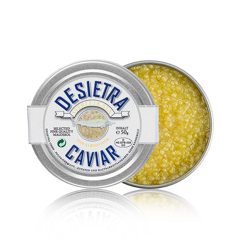 Desietra weißer Kaviar vom Albino-Stör (Sterlet), Aquakultur Deutschland - 50 g - Dose Desietra weißer Kaviar vom Albino-Stör (Sterlet), Aquakultur Deutschland - 50 g - Dose