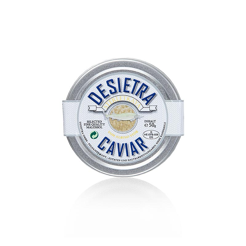 Desietra weißer Kaviar vom Albino-Stör (Sterlet), Aquakultur Deutschland - 50 g - Dose Desietra weißer Kaviar vom Albino-Stör (Sterlet), Aquakultur Deutschland - 50 g - Dose
