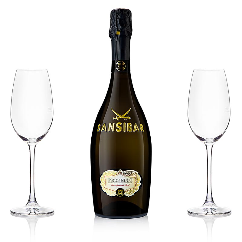 Sansibar`s Best San Simone Prosecco Brut 0.75l + 2 pahare de sampanie Riedel - 3 buc. - Carton Sansibar`s Best San Simone Prosecco Brut 0.75l + 2 pahare de sampanie Riedel - 3 buc. - Carton