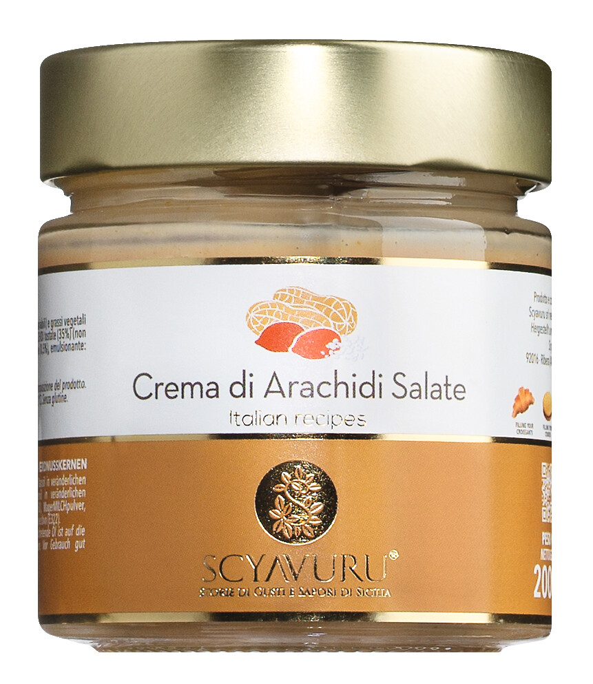 Crema di Arachidi Salate, Süßer Aufstrich m. gesalzenen + geröst. Erdnüssen, Scyavuru - 200 g - Glas Crema di Arachidi Salate, Süßer Aufstrich m. gesalzenen + geröst. Erdnüssen, Scyavuru - 200 g - Glas