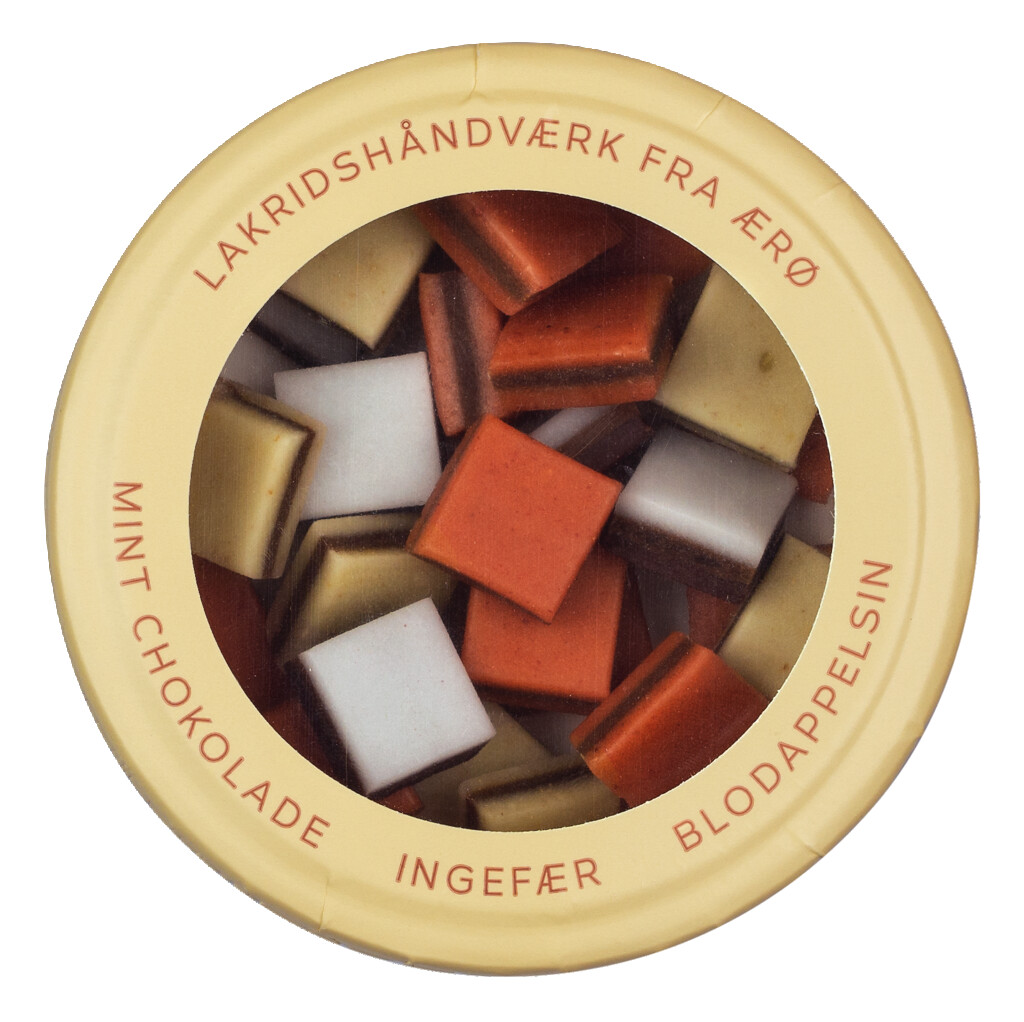 Lakridskonfekt Mint, Chok, Ingefaer, Blodappelsin, licorice confectionery mint, coklat, jahe, darah oranye, Hattesens Konfektfabrik - 125 gram - mengemas