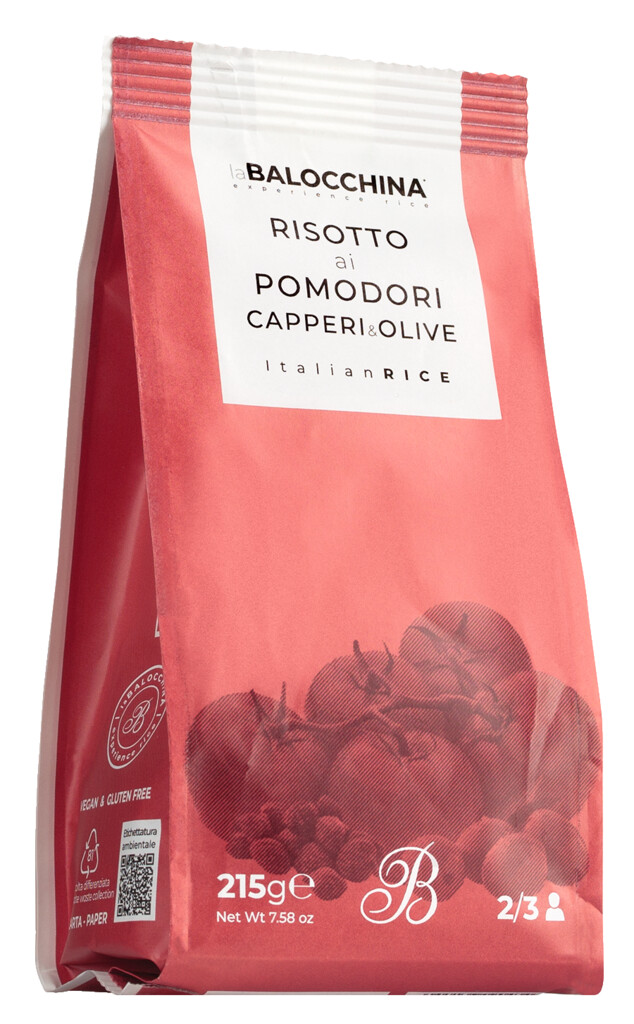 Risotto pomodoro capperi e olive, risotto a la tomate, capres et olives, La Balocchina - 215 g - paquet Risotto pomodoro capperi e olive, risotto a la tomate, capres et olives, La Balocchina - 215 g - paquet