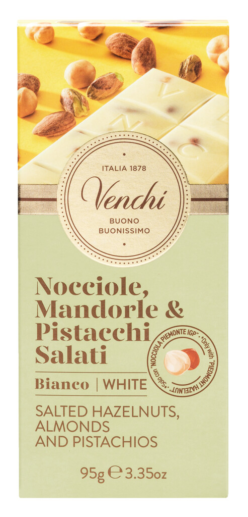 Barra de chocolate blanco con nueces saladas, Chocolate blanco con nueces saladas, Venchi - 95 gramos - Pedazo