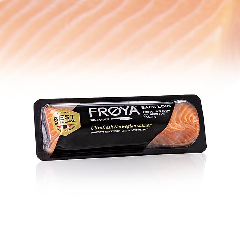 Pinggang belakang salmon 1/2, pra-kekakuan, kualiti sashimi, FROYA, Norway - 180 g - vakum