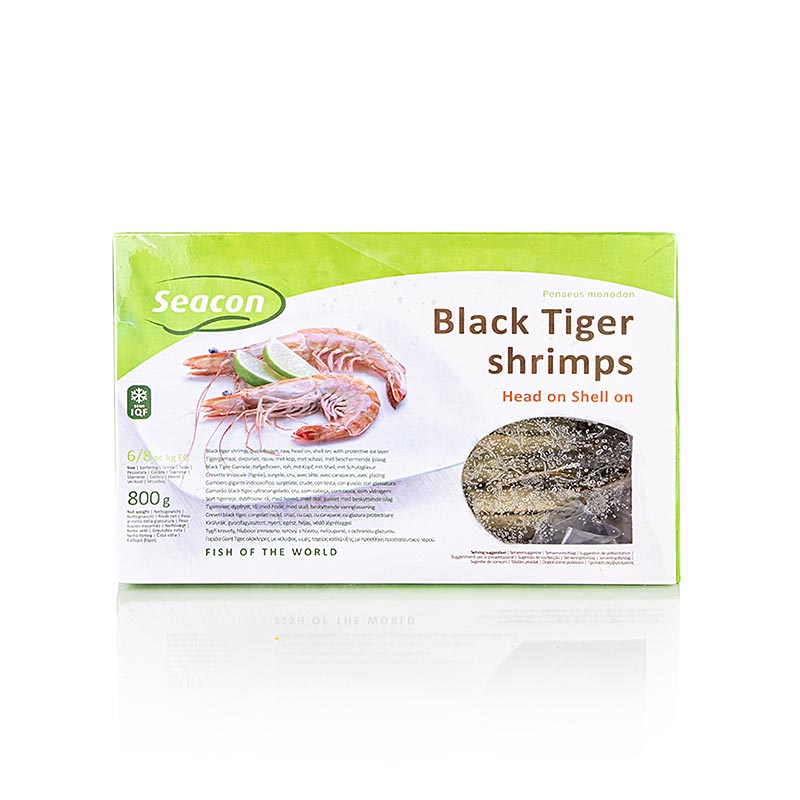 Sorte tigerrejer, med hoved, med skal, ca. 6-8 stykker - 800 g - Pap tk