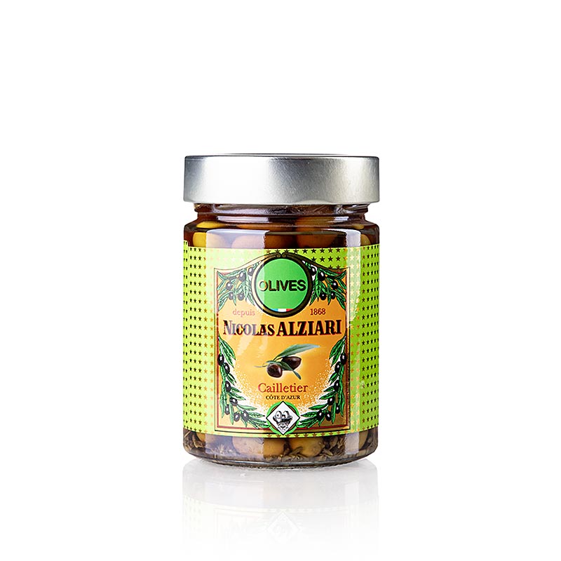 Olivova smes, zelena a cerna Cailletier, s peckou, nakladana, Alziari - 220 g - Sklenka