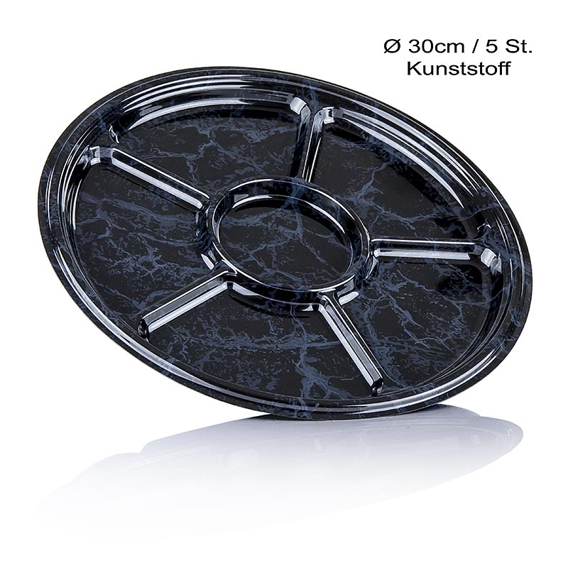 Disposable plate, plastic, black marbled, 6 segments, Ø 30 cm - 5 St - Carton