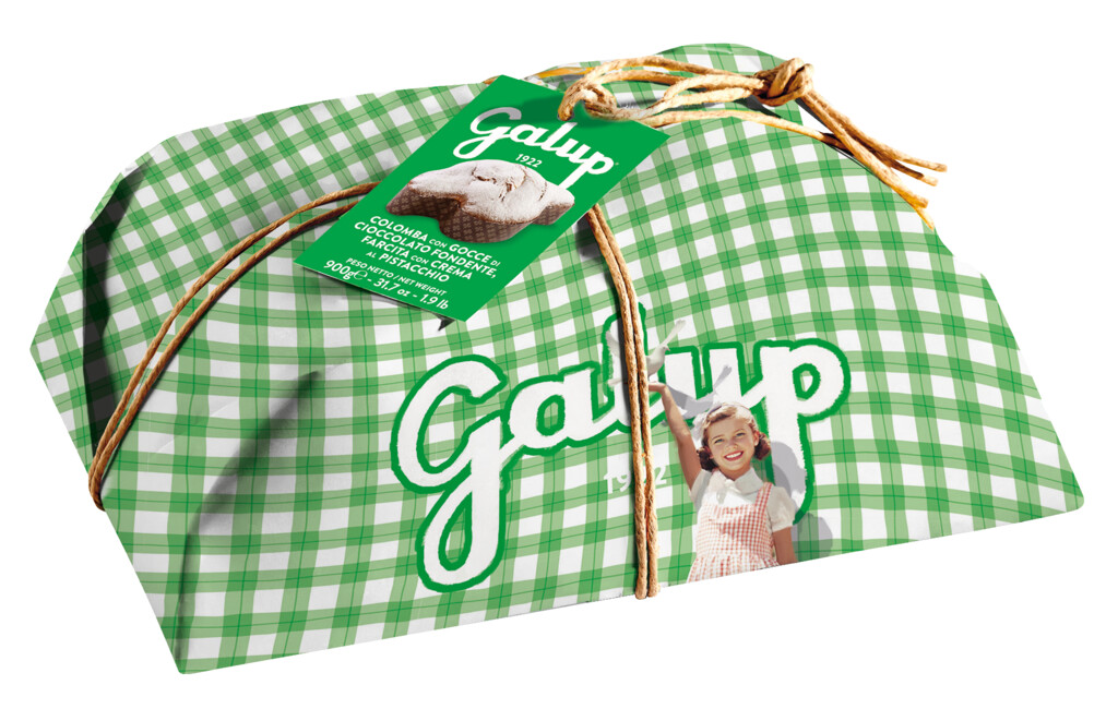 Colomba gocce cioccolato e farcita pistacchio, bizcocho de levadura con pistacho y chocolate negro, Galup - 900 gramos - Pedazo