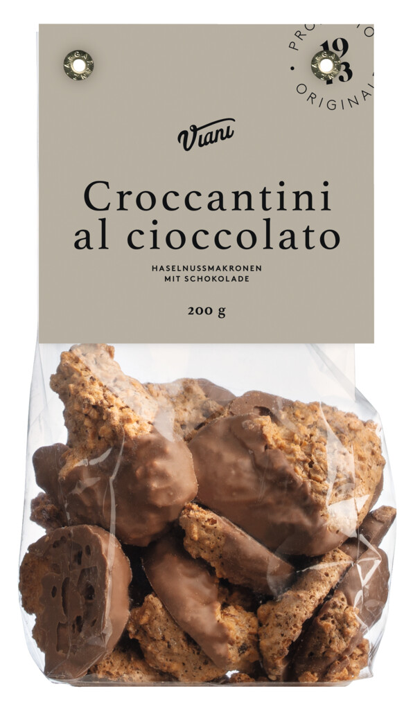 Croccantini ricoperti al cioccolato, Macaroons de avela com cobertura de chocolate, Viani - 200 g - pacote