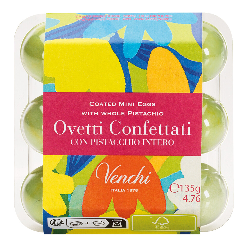 Confezione Trasparente Ovetti Pistacchio Canditi, 9 mini ovetti di Pasqua ricoperti di pistacchi - Gianduia, Venchi - 135 grammi - pacchetto