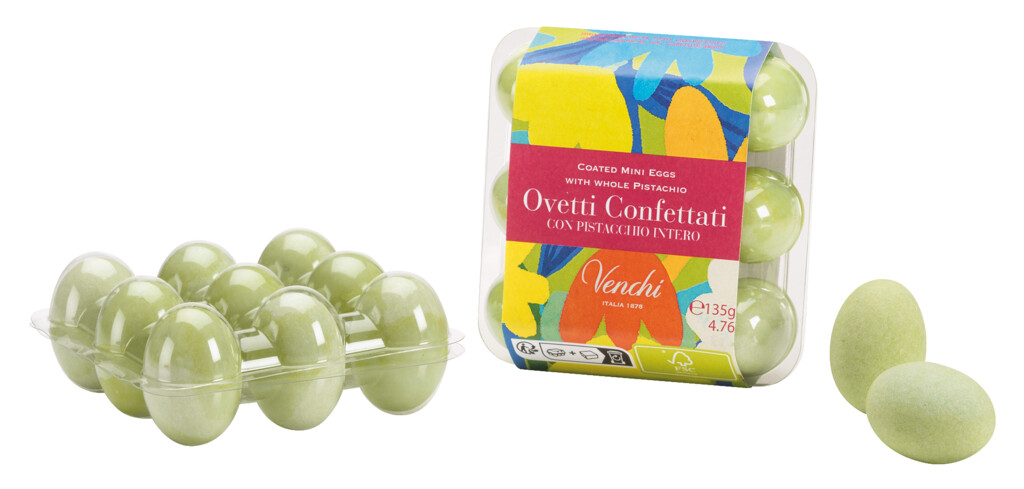 Przezroczyste opakowanie pistacyjnych kandyzowanych mini jajek, 9 panierowanych mini jajek wielkanocnych z pistacjami - Gianduia, Venchi - 135 gramow - pakiet