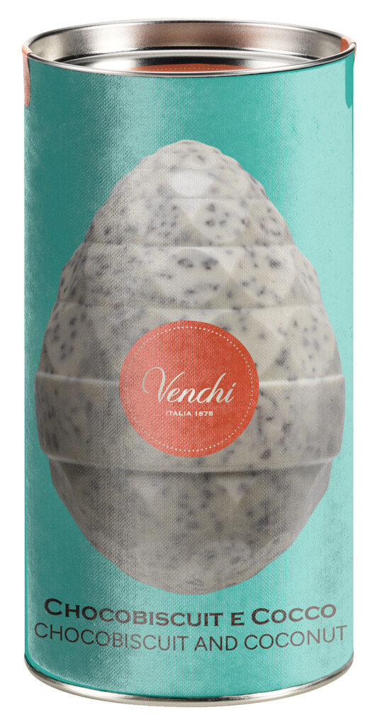 Kokos- og kiksaeg i metaldase, kokos - chokolade - paskeaeg med kiks, venchi - 150 g - kan