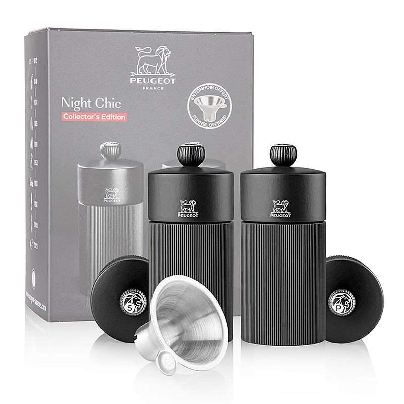 Mlynek do soli i pieprzu NIGHT CHIC LINE, matowa czern, 12 cm, z lejkiem ze stali nierdzewnej - 1 sztuka - Luzny