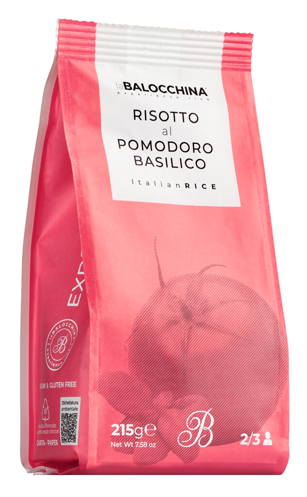 Risotto pomodoro e basilicum, risotto met tomaat en basilicum, La Balocchina - 215 g - verpakking