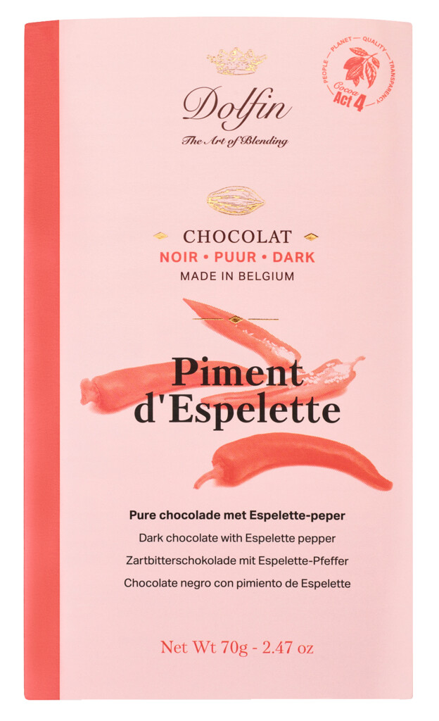 Tablete, e zeze 60% au piment d`Espelette, cokollate, e erret 60% me pimento, Dolfin - 70 g - Pjese