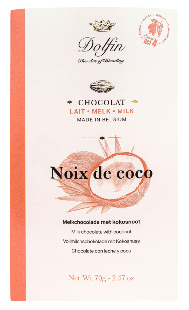 Tablet, lait a la noix de coco, maelkechokolade med kokos, Dolfin - 70 g - Stykke