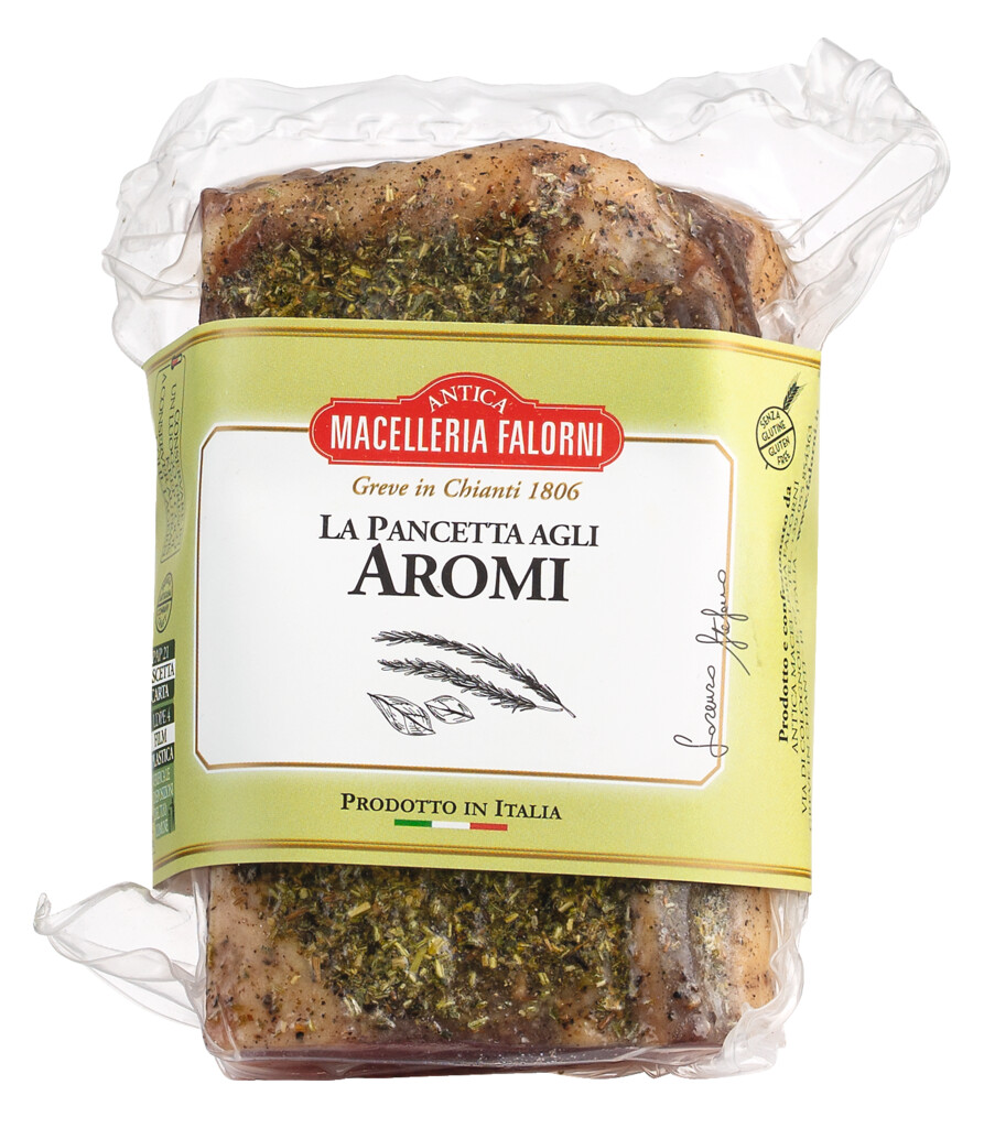 Pancetta con aromi, vakuum, flaskmage med farska orter, vakuumforpackad, Falorni - ca 500 g - Bit