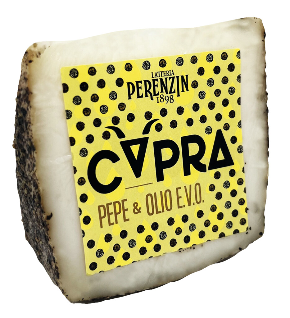Capra pepe e olio, formaggio caprino al pepe e olio extravergine di oliva, Latteria Perenzin - 200 grammi - Pezzo