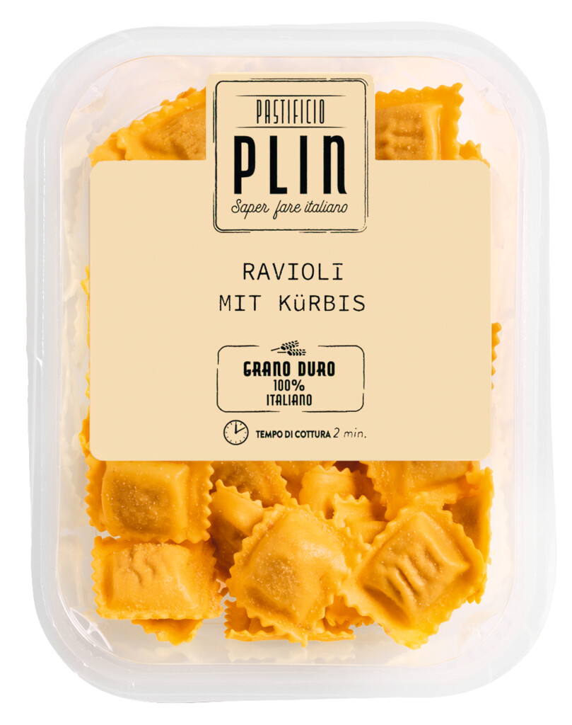 Ravioli alla Zucca con Sfoglia Curcuma, Ravioli fylt med gresskar og gurkemeie, Pastificio Plin - 250 g - pakke