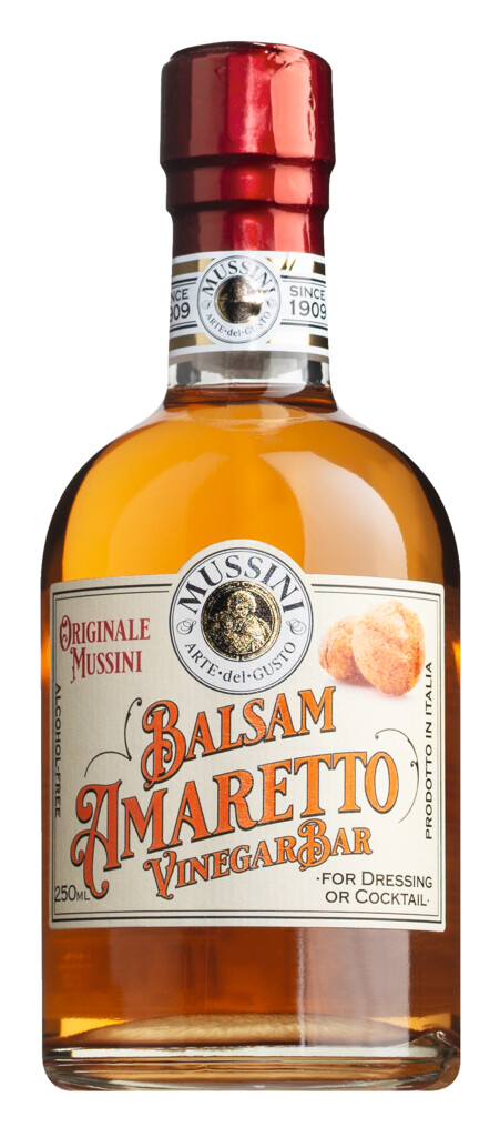 Condimento balsamico all`amaretto, aceto balsamico - condimento al gusto di amaretto, Mussini - 250 ml - Bottiglia