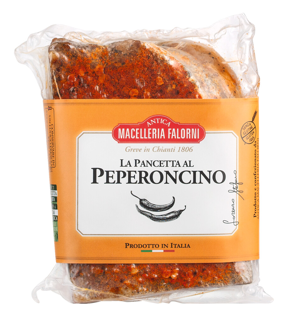 Pancetta al peperoncino, lofttaemt pakkadh, svinakjot medh pepperoni, lofttaemt pakkadh, Falorni - u.th.b. 500 g - Stykki