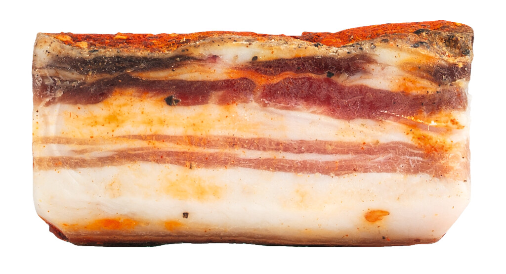 Pancetta al peperoncino, vacuumverpakt, varkensbuik met pepperoni, vacuumverpakt, Falorni - ca. 500 g - Deel