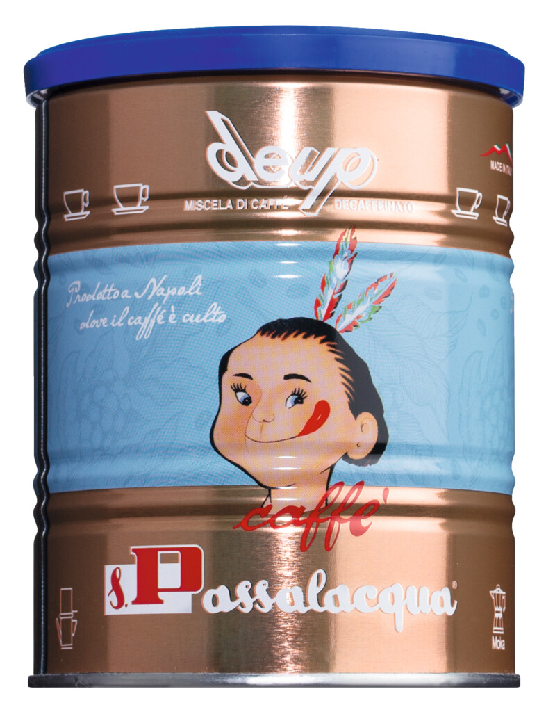 Deup macinato, 80% Arabica, 20% Robusta, gemalen, cafeïnevrij, Passalacqua - 250 gram - kan